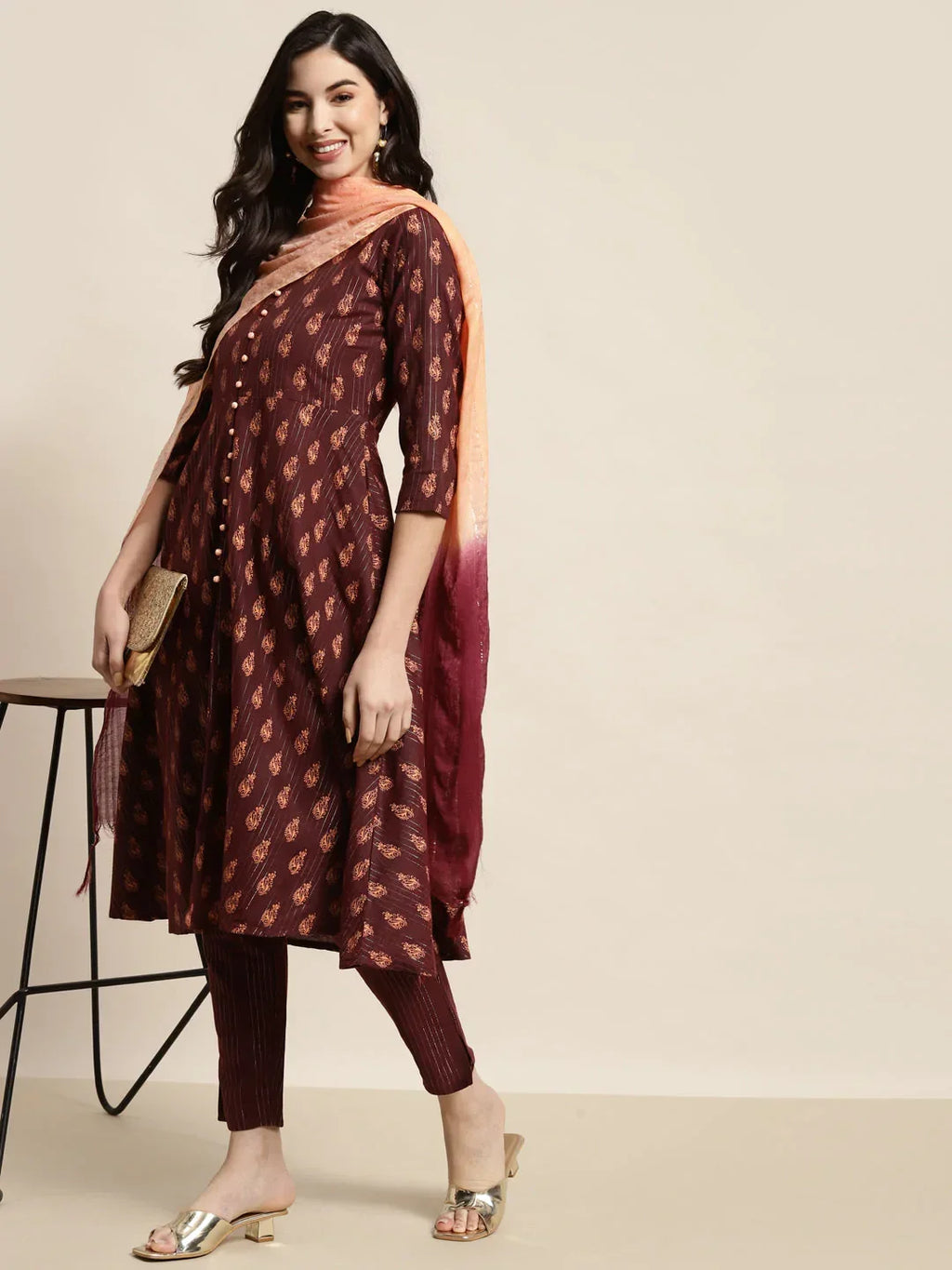Jompers Women's Printed Kurta with Trousers & With Dupatta - Maroon | Grocsy