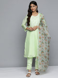 Jompers Women's Floral Embroidered Mirror Work Silk Georgette Kurta With Trousers & Dupatta - Lime | Grocsy