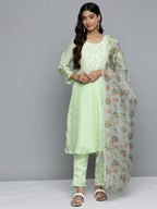 Jompers Women's Floral Embroidered Mirror Work Silk Georgette Kurta With Trousers & Dupatta - Lime | Grocsy