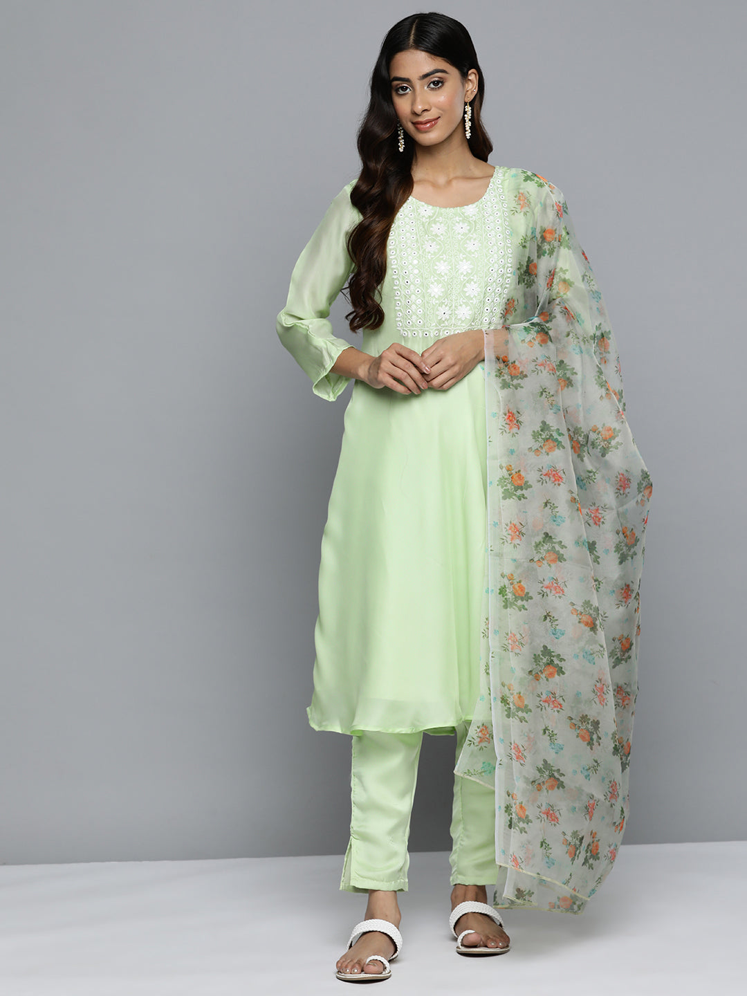 Jompers Women's Floral Embroidered Mirror Work Silk Georgette Kurta With Trousers & Dupatta - Lime | Grocsy