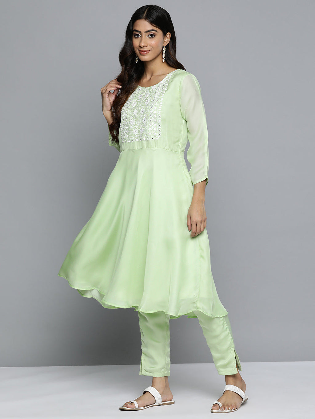 Jompers Women's Floral Embroidered Mirror Work Silk Georgette Kurta With Trousers & Dupatta - Lime | Grocsy