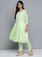 Jompers Women's Floral Embroidered Mirror Work Silk Georgette Kurta With Trousers & Dupatta - Lime | Grocsy
