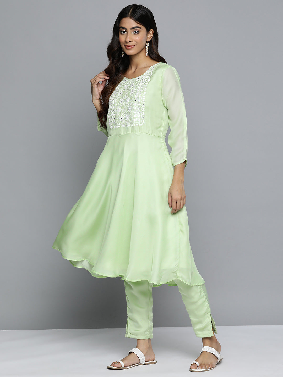 Jompers Women's Floral Embroidered Mirror Work Silk Georgette Kurta With Trousers & Dupatta - Lime | Grocsy