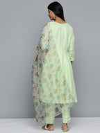 Jompers Women's Floral Embroidered Mirror Work Silk Georgette Kurta With Trousers & Dupatta - Lime | Grocsy