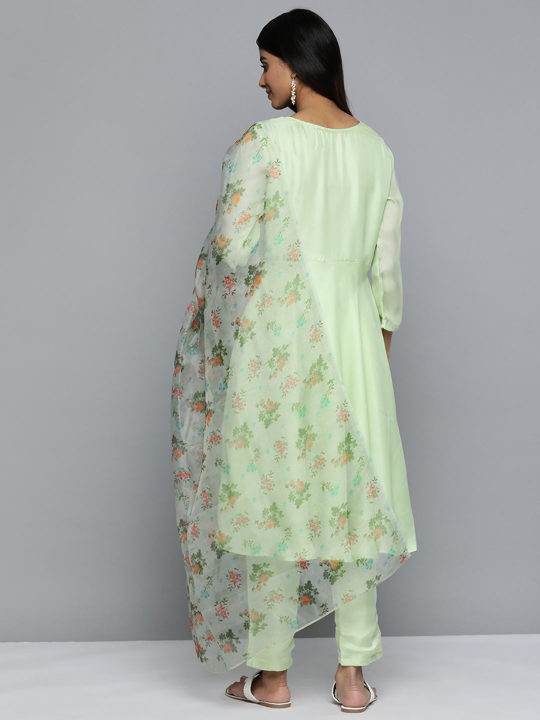 Jompers Women's Floral Embroidered Mirror Work Silk Georgette Kurta With Trousers & Dupatta - Lime | Grocsy