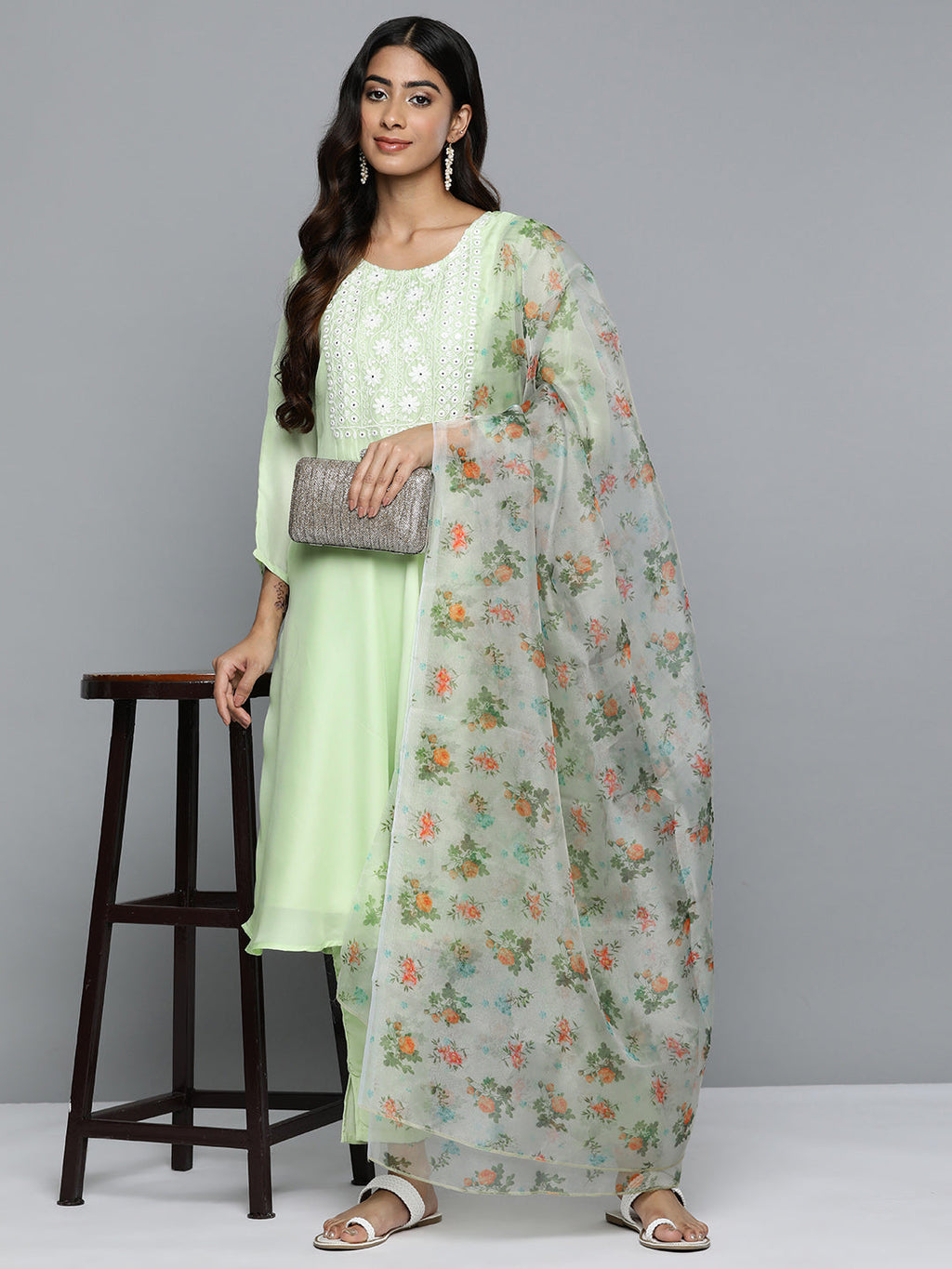 Jompers Women's Floral Embroidered Mirror Work Silk Georgette Kurta With Trousers & Dupatta - Lime | Grocsy