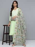 Jompers Women's Floral Embroidered Mirror Work Silk Georgette Kurta With Trousers & Dupatta - Lime | Grocsy