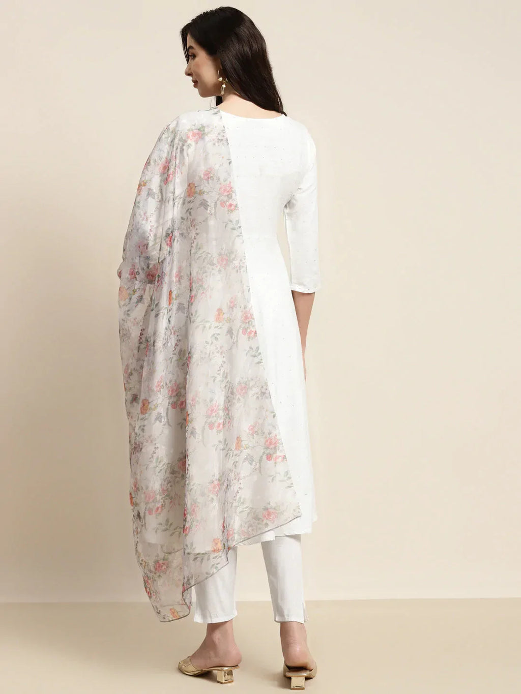 Jompers Women's Sequinned Kurta with Trousers & With Dupatta - White | Grocsy