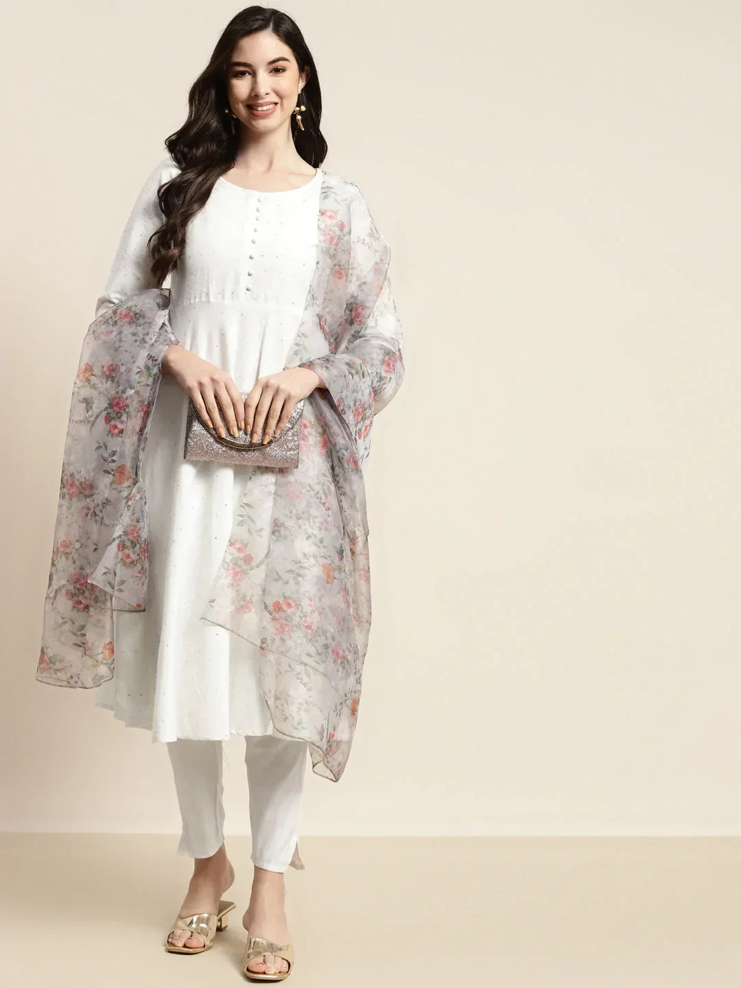 Jompers Women's Sequinned Kurta with Trousers & With Dupatta - White | Grocsy