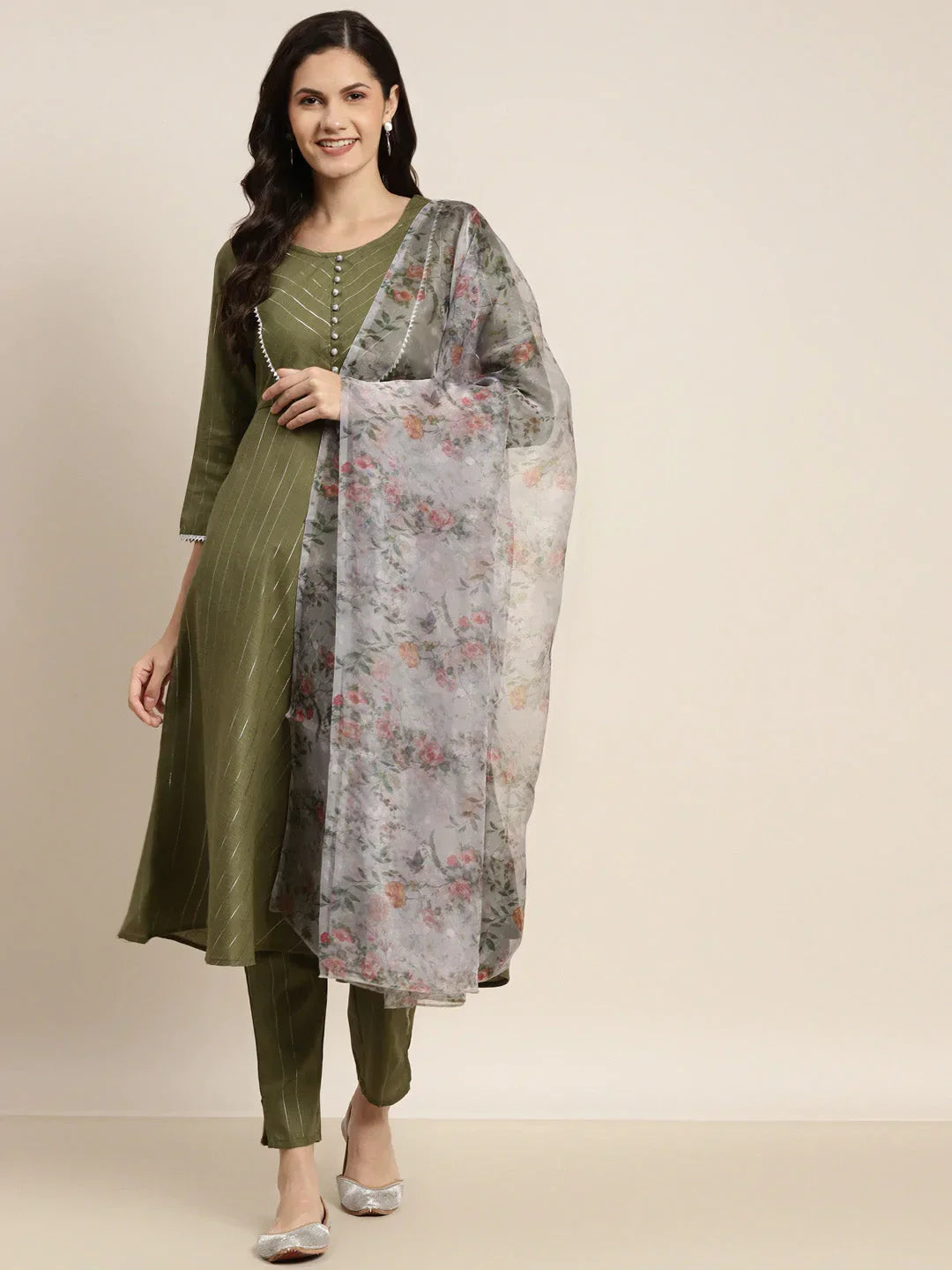 Jompers Women's Gotta Patti Kurta with Trousers & With Dupatta - Green | Grocsy