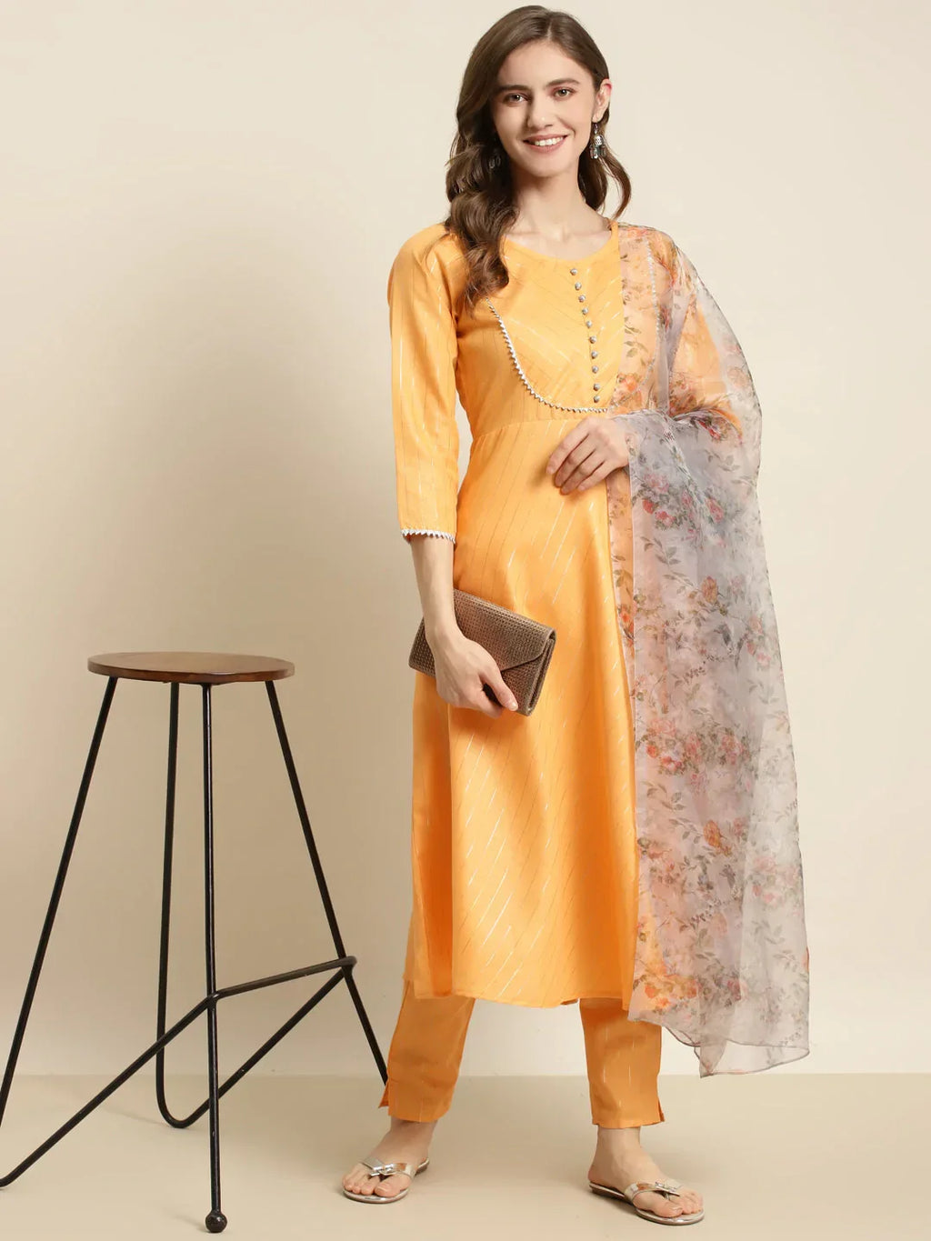 Jompers Women's Gotta Patti Kurta with Trousers & With Dupatta - Orange | Grocsy