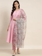 Jompers Women's Gotta Patti Kurta with Trousers & With Dupatta - Pink | Grocsy