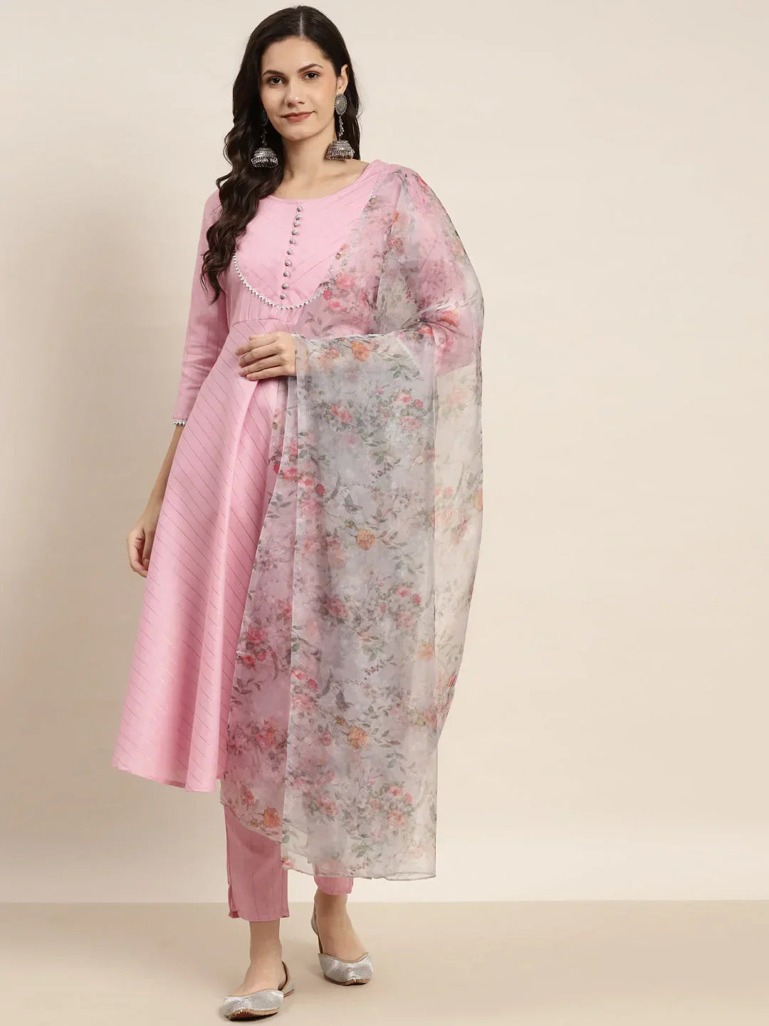 Jompers Women's Gotta Patti Kurta with Trousers & With Dupatta - Pink | Grocsy