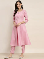 Jompers Women's Gotta Patti Kurta with Trousers & With Dupatta - Pink | Grocsy