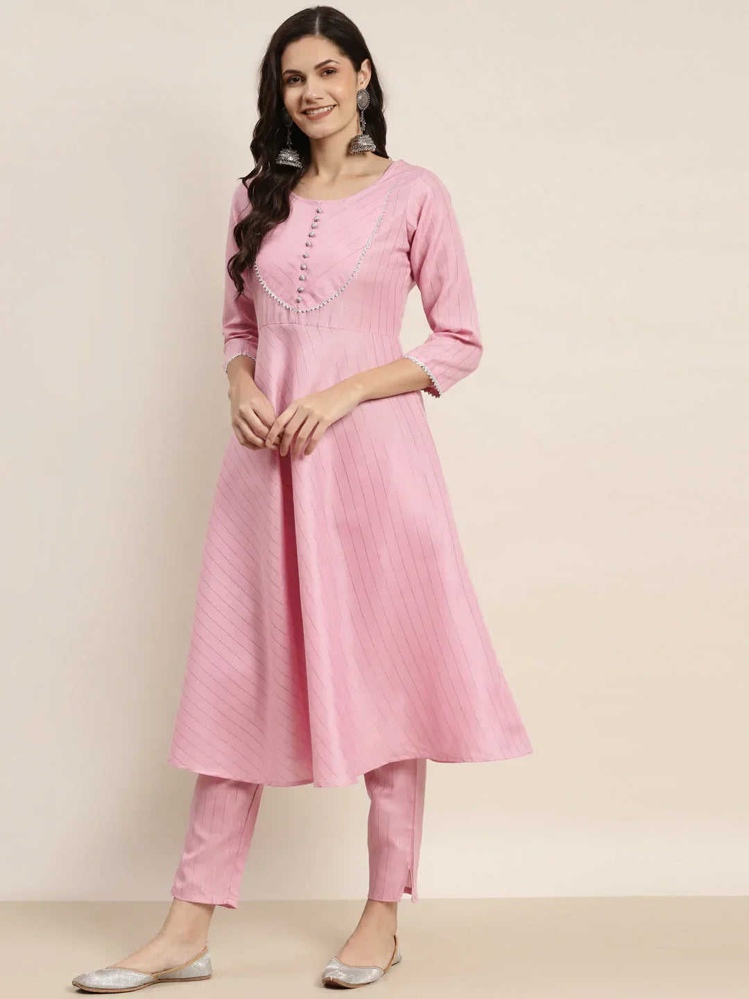 Jompers Women's Gotta Patti Kurta with Trousers & With Dupatta - Pink | Grocsy