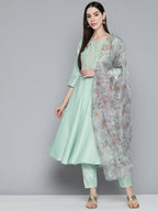 Jompers Women's Green Floral Embroidered Mirror Work Kurta with Trousers & With Dupatta | Grocsy