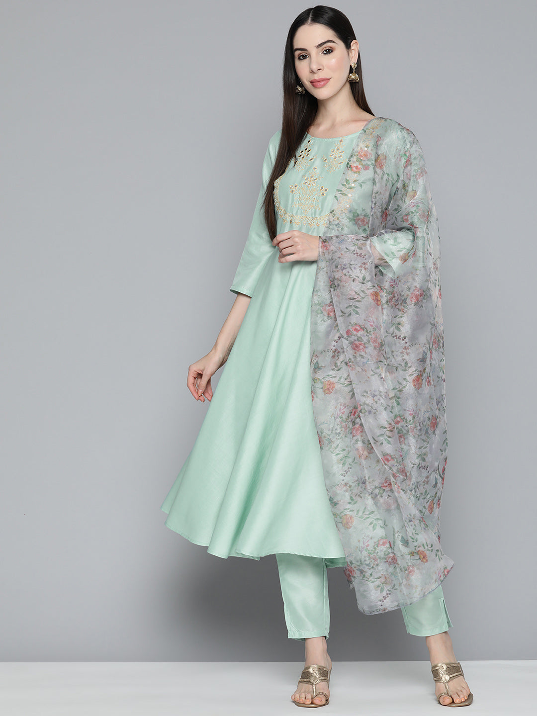 Jompers Women's Green Floral Embroidered Mirror Work Kurta with Trousers & With Dupatta | Grocsy