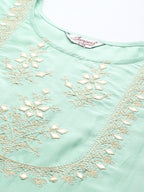Jompers Women's Green Floral Embroidered Mirror Work Kurta with Trousers & With Dupatta | Grocsy