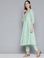 Jompers Women's Green Floral Embroidered Mirror Work Kurta with Trousers & With Dupatta | Grocsy