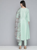 Jompers Women's Green Floral Embroidered Mirror Work Kurta with Trousers & With Dupatta | Grocsy