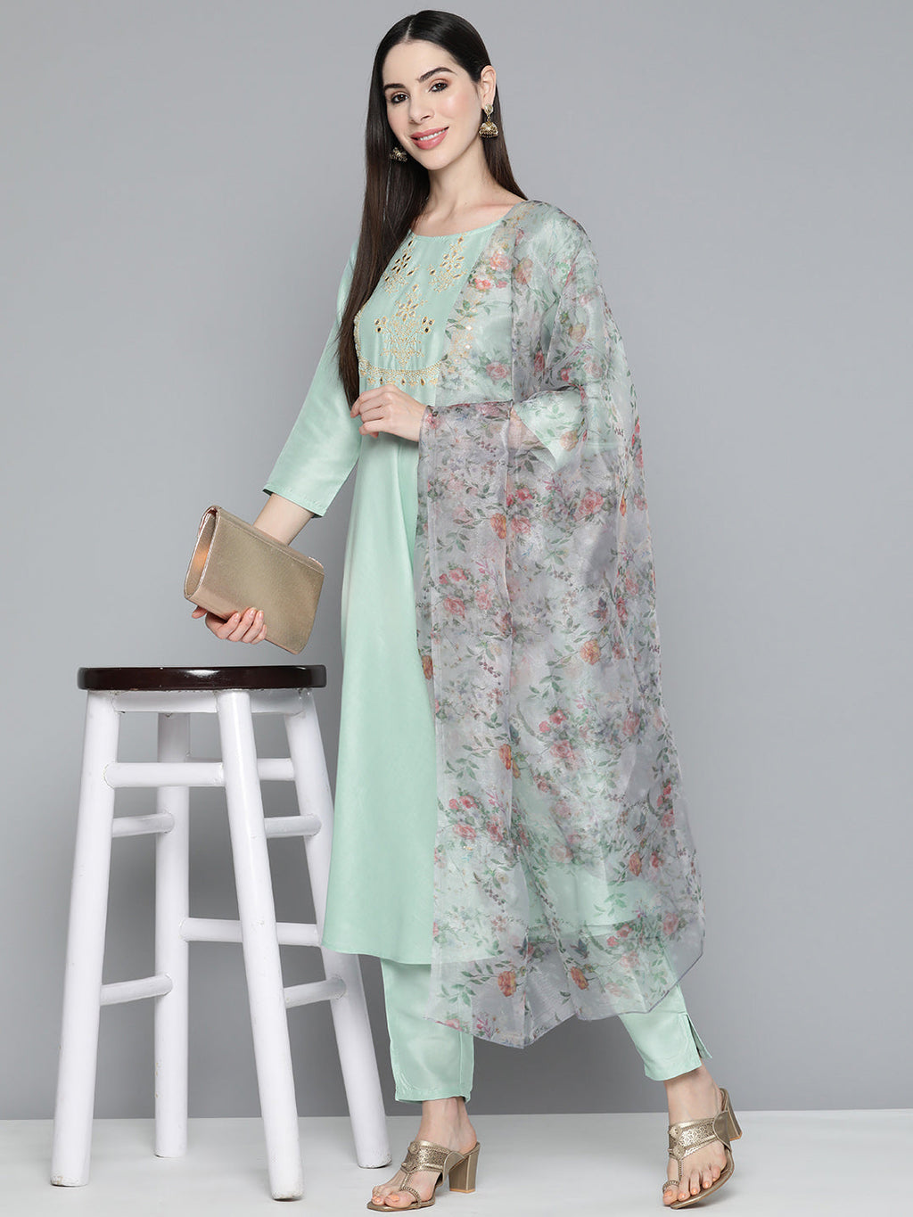 Jompers Women's Green Floral Embroidered Mirror Work Kurta with Trousers & With Dupatta | Grocsy