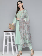 Jompers Women's Green Floral Embroidered Mirror Work Kurta with Trousers & With Dupatta | Grocsy