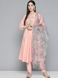 Jompers Women's Peach Floral Embroidered Mirror Work Kurta with Trousers & With Dupatta | Grocsy