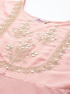Jompers Women's Peach Floral Embroidered Mirror Work Kurta with Trousers & With Dupatta | Grocsy