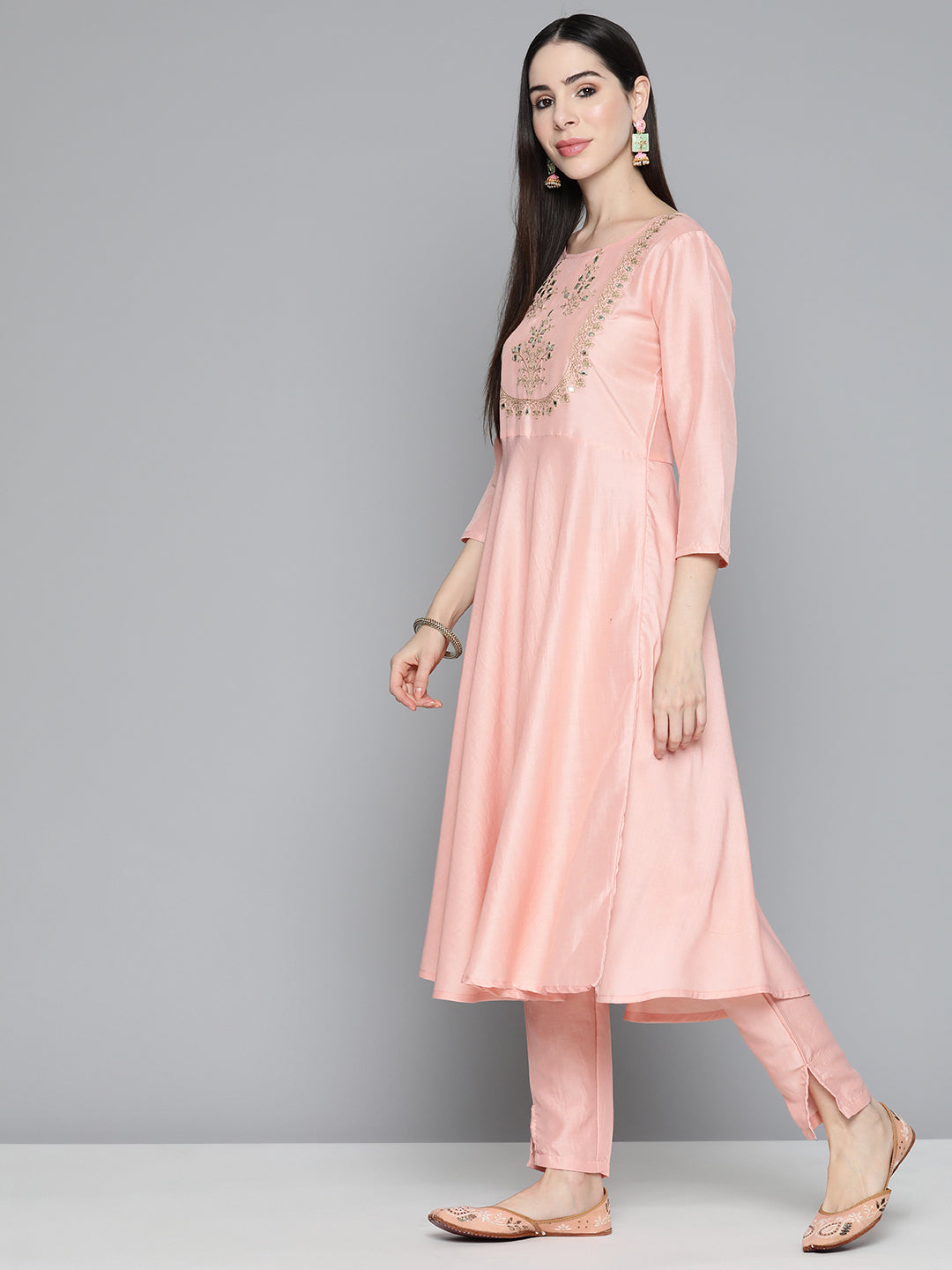 Jompers Women's Peach Floral Embroidered Mirror Work Kurta with Trousers & With Dupatta | Grocsy