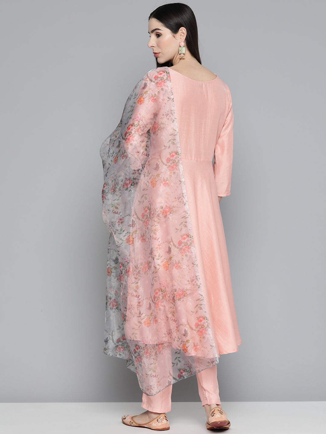 Jompers Women's Peach Floral Embroidered Mirror Work Kurta with Trousers & With Dupatta | Grocsy