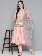 Jompers Women's Peach Floral Embroidered Mirror Work Kurta with Trousers & With Dupatta | Grocsy