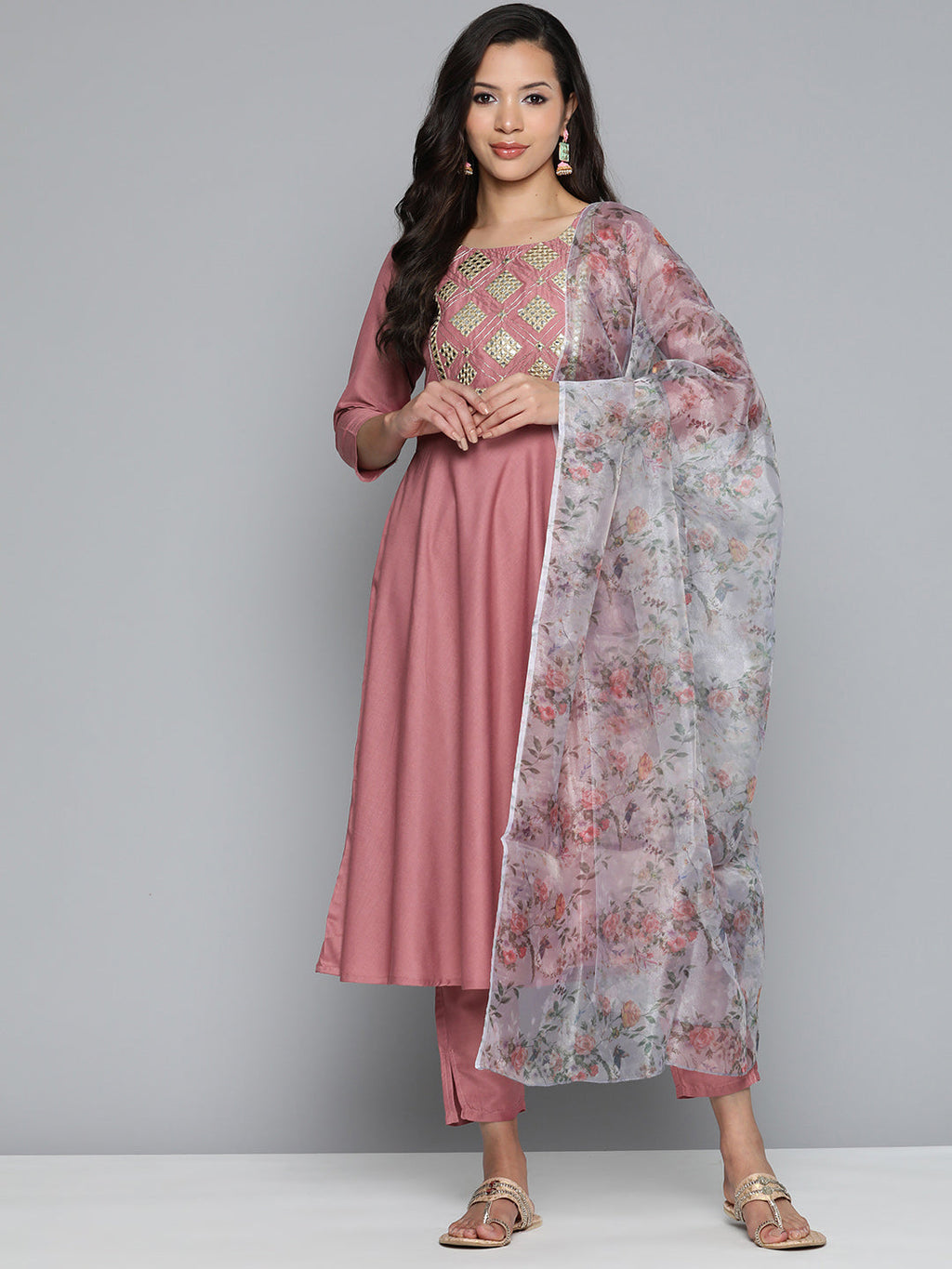 Jompers Women's Pink Floral Embroidered Mirror Work Kurta with Trousers & With Dupatta | Grocsy