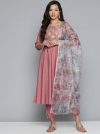 Jompers Women's Pink Floral Embroidered Mirror Work Kurta with Trousers & With Dupatta | Grocsy