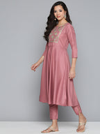 Jompers Women's Pink Floral Embroidered Mirror Work Kurta with Trousers & With Dupatta | Grocsy