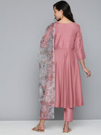 Jompers Women's Pink Floral Embroidered Mirror Work Kurta with Trousers & With Dupatta | Grocsy
