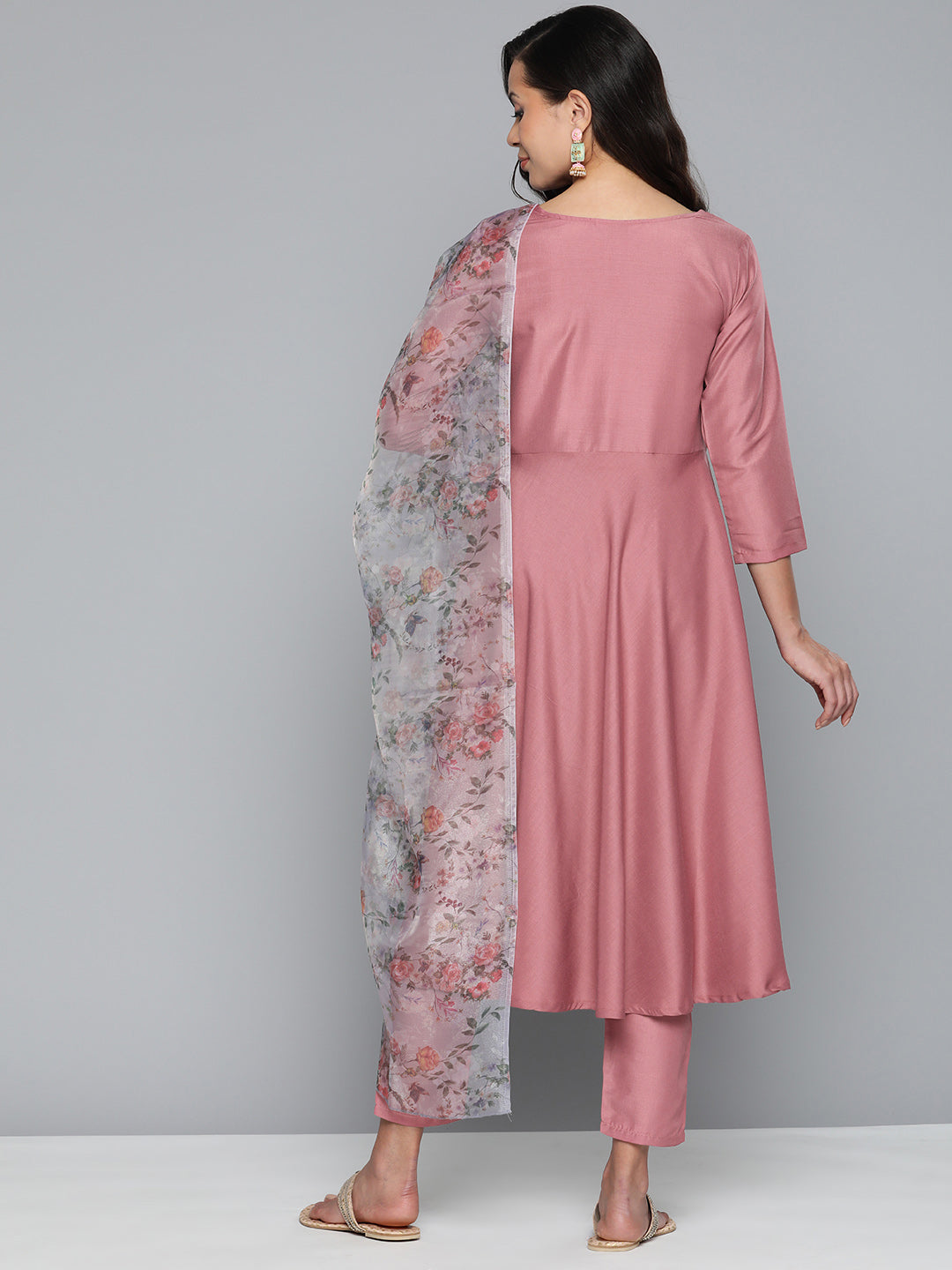 Jompers Women's Pink Floral Embroidered Mirror Work Kurta with Trousers & With Dupatta | Grocsy