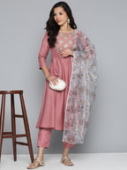 Jompers Women's Pink Floral Embroidered Mirror Work Kurta with Trousers & With Dupatta | Grocsy