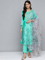 Jompers Women's Floral Embroidered Mirror Work Silk Georgette Kurta With Trousers & Dupatta - Blue | Grocsy