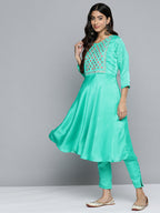 Jompers Women's Floral Embroidered Mirror Work Silk Georgette Kurta With Trousers & Dupatta - Blue | Grocsy