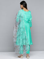 Jompers Women's Floral Embroidered Mirror Work Silk Georgette Kurta With Trousers & Dupatta - Blue | Grocsy