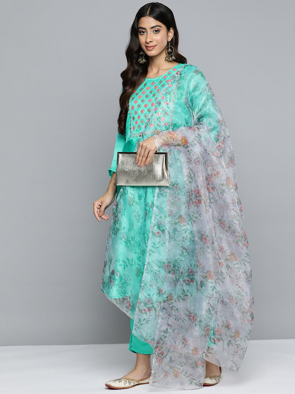Jompers Women's Floral Embroidered Mirror Work Silk Georgette Kurta With Trousers & Dupatta - Blue | Grocsy