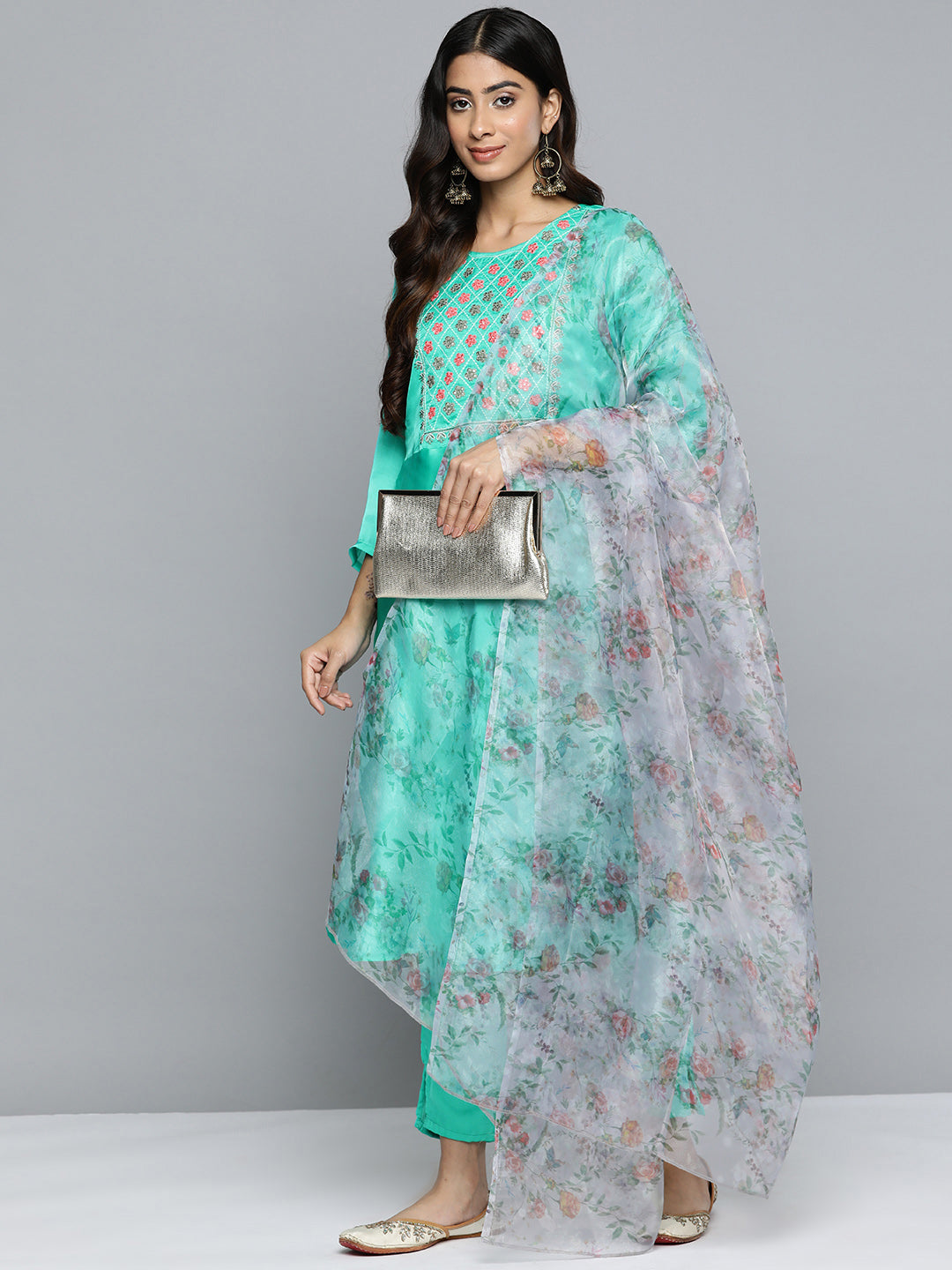 Jompers Women's Floral Embroidered Mirror Work Silk Georgette Kurta With Trousers & Dupatta - Blue | Grocsy