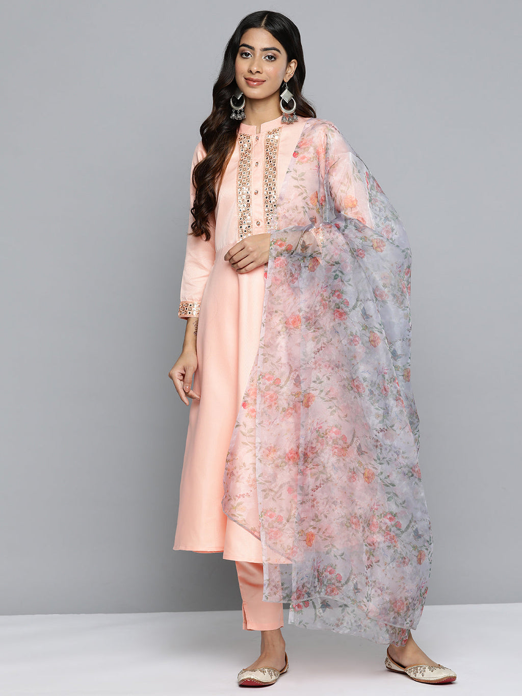 Jompers Women's Embroidered Mirror Work Kurta With Trousers & Dupatta - Peach | Grocsy
