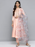 Jompers Women's Embroidered Mirror Work Kurta With Trousers & Dupatta - Peach | Grocsy