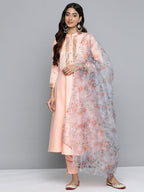 Jompers Women's Embroidered Mirror Work Kurta With Trousers & Dupatta - Peach | Grocsy