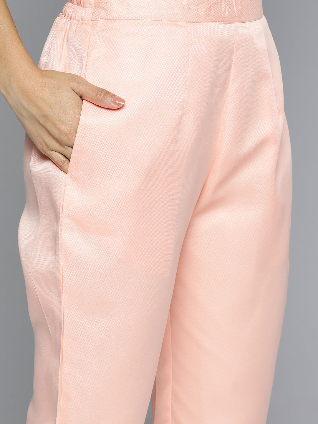 Jompers Women's Embroidered Mirror Work Kurta With Trousers & Dupatta - Peach | Grocsy