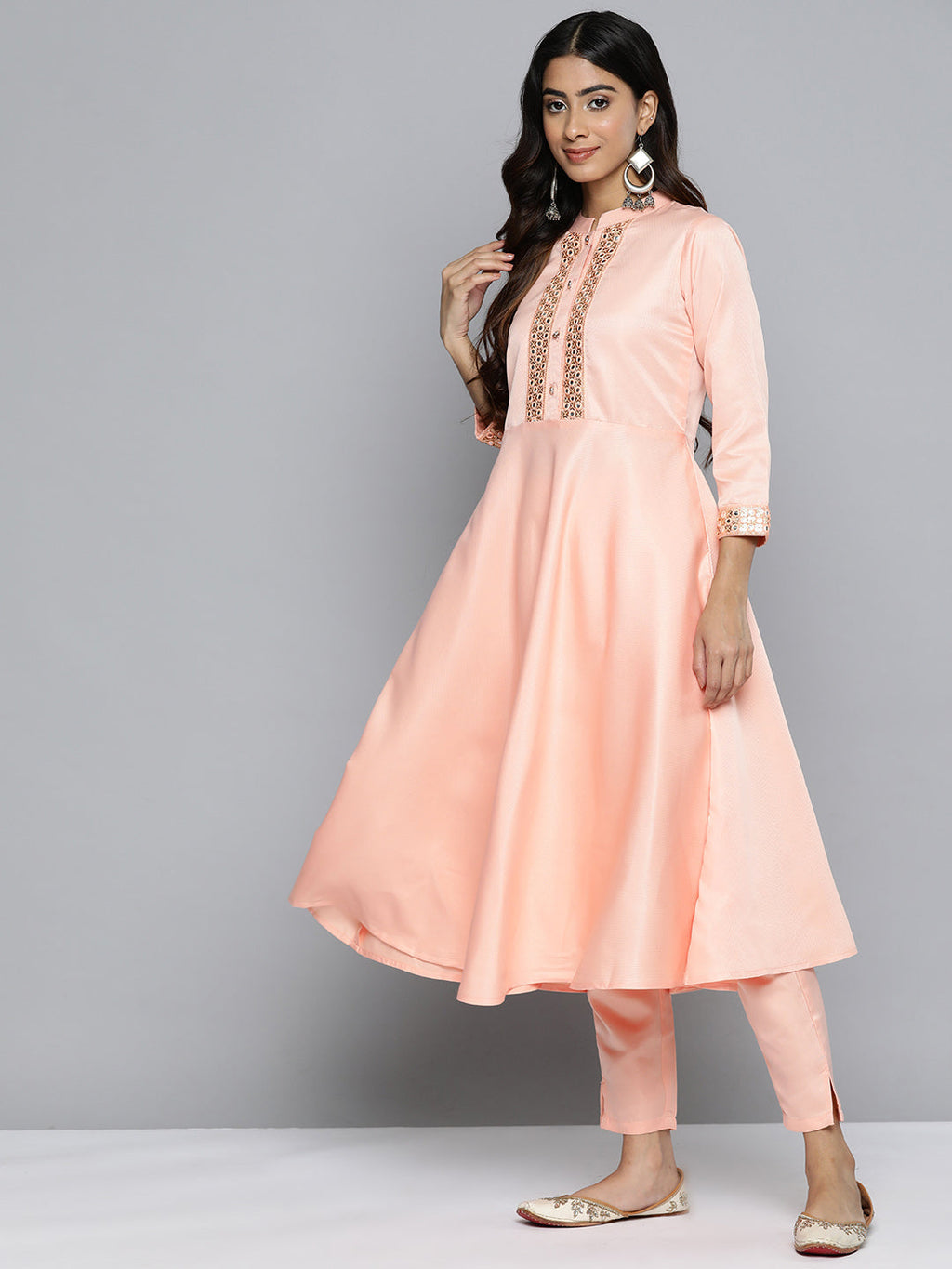 Jompers Women's Embroidered Mirror Work Kurta With Trousers & Dupatta - Peach | Grocsy