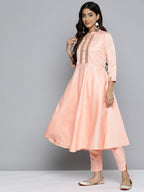 Jompers Women's Embroidered Mirror Work Kurta With Trousers & Dupatta - Peach | Grocsy