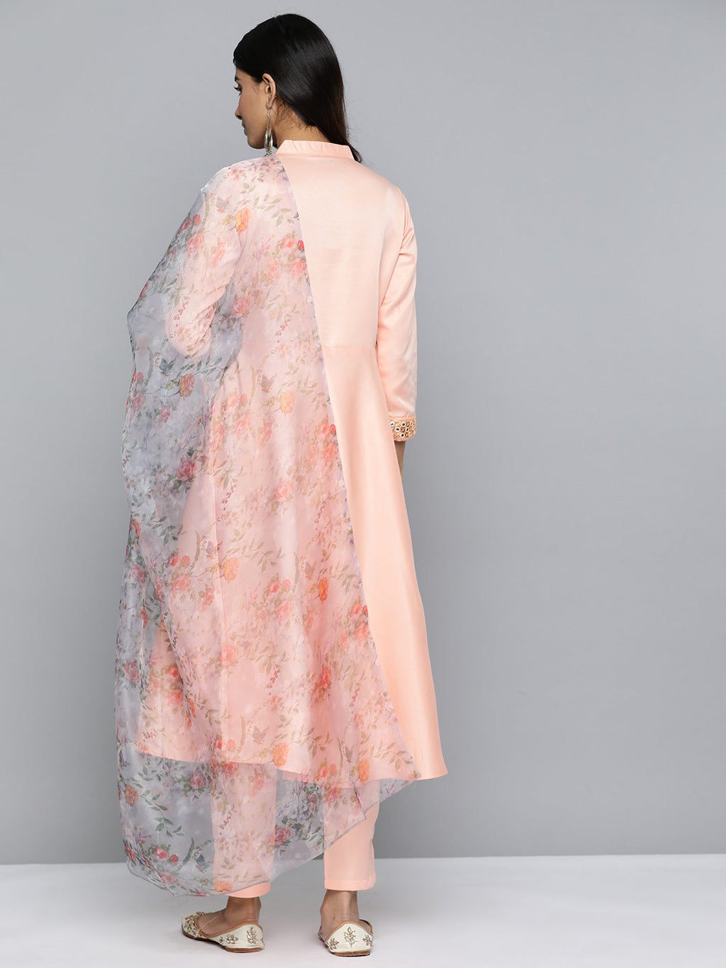 Jompers Women's Embroidered Mirror Work Kurta With Trousers & Dupatta - Peach | Grocsy