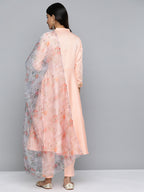 Jompers Women's Embroidered Mirror Work Kurta With Trousers & Dupatta - Peach | Grocsy